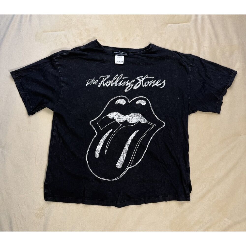 Zara Kids Rolling Stones Graphic T-Shirt Black Distressed Logo Size 13-14